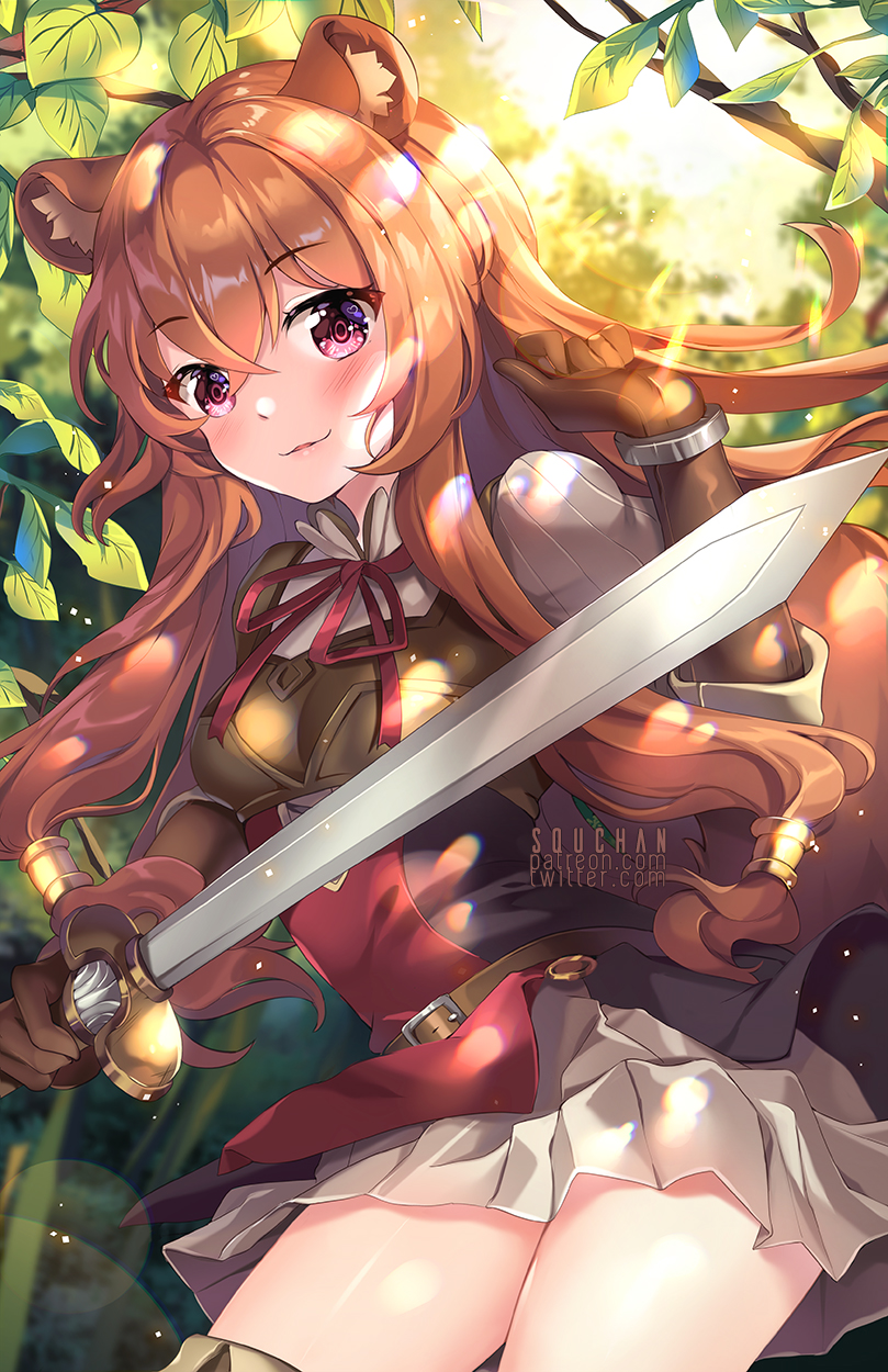 1girl animal_ear_fluff animal_ears artist_name bangs blurry blurry_background blush brown_gloves brown_hair brown_shirt commentary_request day depth_of_field eyebrows_visible_through_hair forest gloves hair_between_eyes hair_tubes hand_up highres holding holding_sword holding_weapon long_hair long_sleeves looking_at_viewer nature neck_ribbon outdoors parted_lips pleated_skirt puffy_short_sleeves puffy_sleeves raccoon_ears raccoon_girl raccoon_tail raphtalia red_eyes red_ribbon revision ribbed_shirt ribbon shirt short_over_long_sleeves short_sleeves skirt solo squchan sunlight sword tail tate_no_yuusha_no_nariagari tree_branch very_long_hair watermark weapon web_address white_skirt