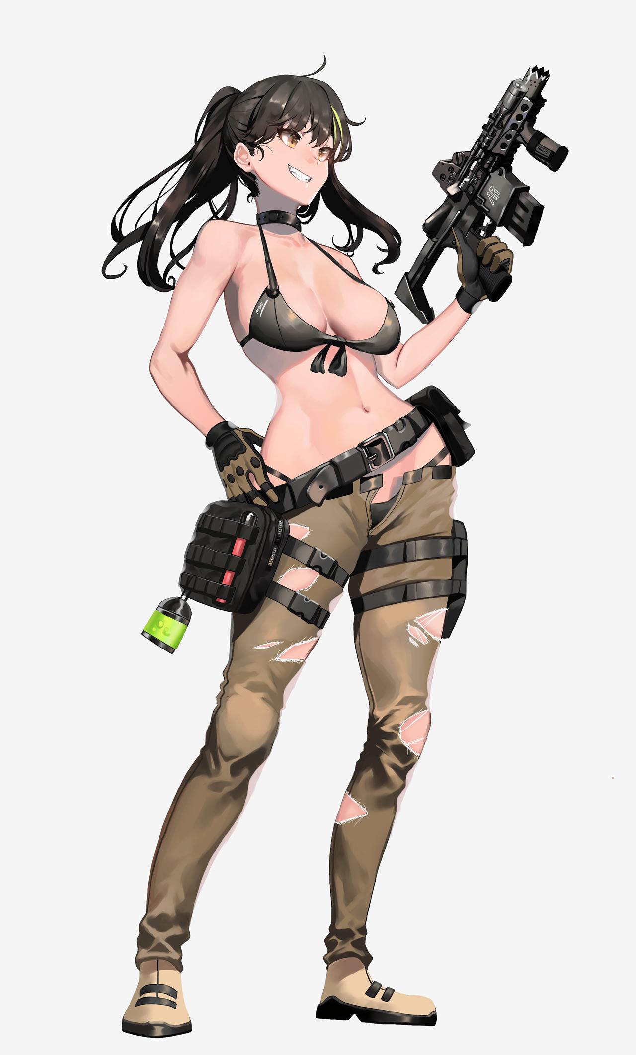 1girl armband assault_rifle bag bangs bare_shoulders beige_footwear bikini black_hair breasts brown_eyes choker eyebrows_visible_through_hair full_body girls_frontline gloves green_bikini green_gloves green_hair green_pants grin gun hair_between_eyes hand_on_hip highres holding holding_gun holding_weapon ihobus large_breasts long_hair m4_carbine m4a1_(girls_frontline) multicolored_hair navel open_fly pants rifle shoes sidelocks smile snap-fit_buckle solo standing stomach streaked_hair swimsuit thigh_strap trigger_discipline twintails weapon
