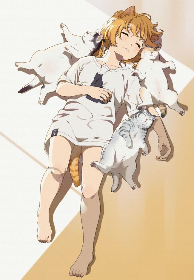 1girl animal_ears bare_legs barefoot blonde_hair cat cat_ears closed_eyes full_body loose_clothes loose_shirt lying mattaku_mousuke no_pants on_back original shirt sleeping tail