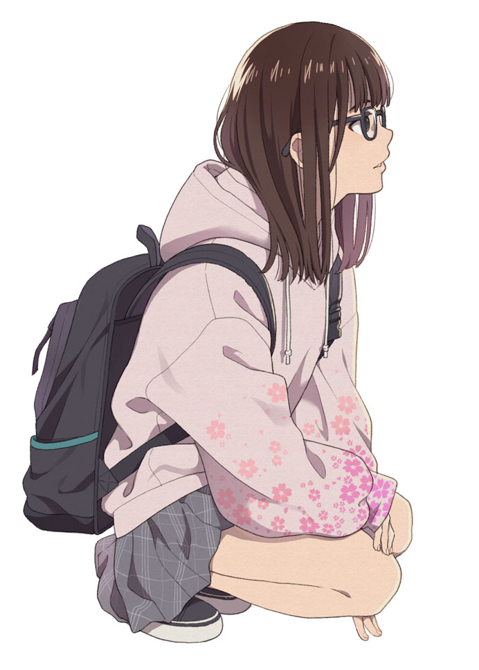 1girl backpack bag bare_legs brown_hair facing_to_the_side floral_print full_body glasses hood hoodie long_hair mattaku_mousuke original plaid plaid_skirt pleated_skirt skirt solo squatting white_background