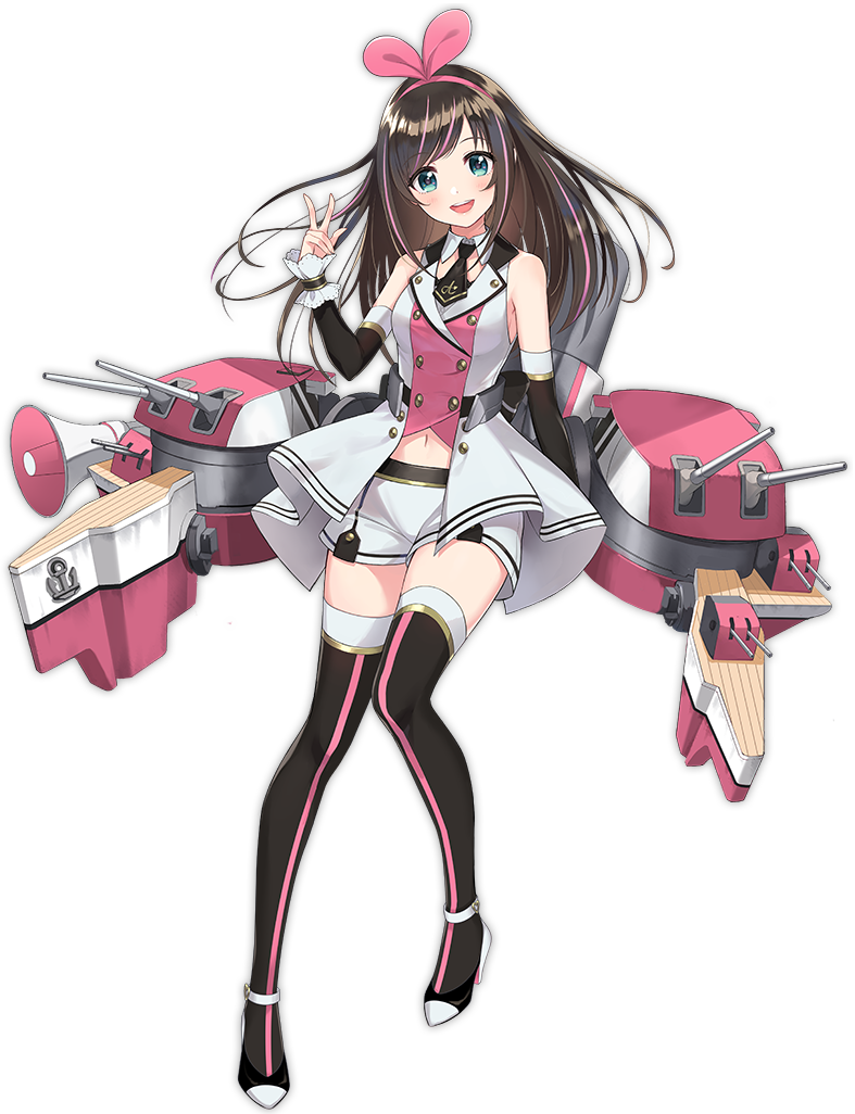 1girl :d a.i._channel arm_at_side azur_lane bangs bare_shoulders black_footwear black_neckwear blue_eyes blush boots breasts brown_hair cannon character_name closed_eyes detached_collar detached_sleeves double-breasted dress eyebrows_visible_through_hair floating_hair full_body hairband hand_up head_tilt kizuna_ai kizuna_ai_(elegant)_(azur_lane) kurot long_hair looking_at_viewer multicolored_hair navel necktie official_art one_eye_closed open_clothes open_dress open_mouth pink_hair rigging shorts sidelocks sleeveless sleeveless_dress smile solo streaked_hair tachi-e thigh-highs thigh_boots thighs transparent_background turret upper_teeth v-shaped_eyebrows virtual_youtuber white_shorts