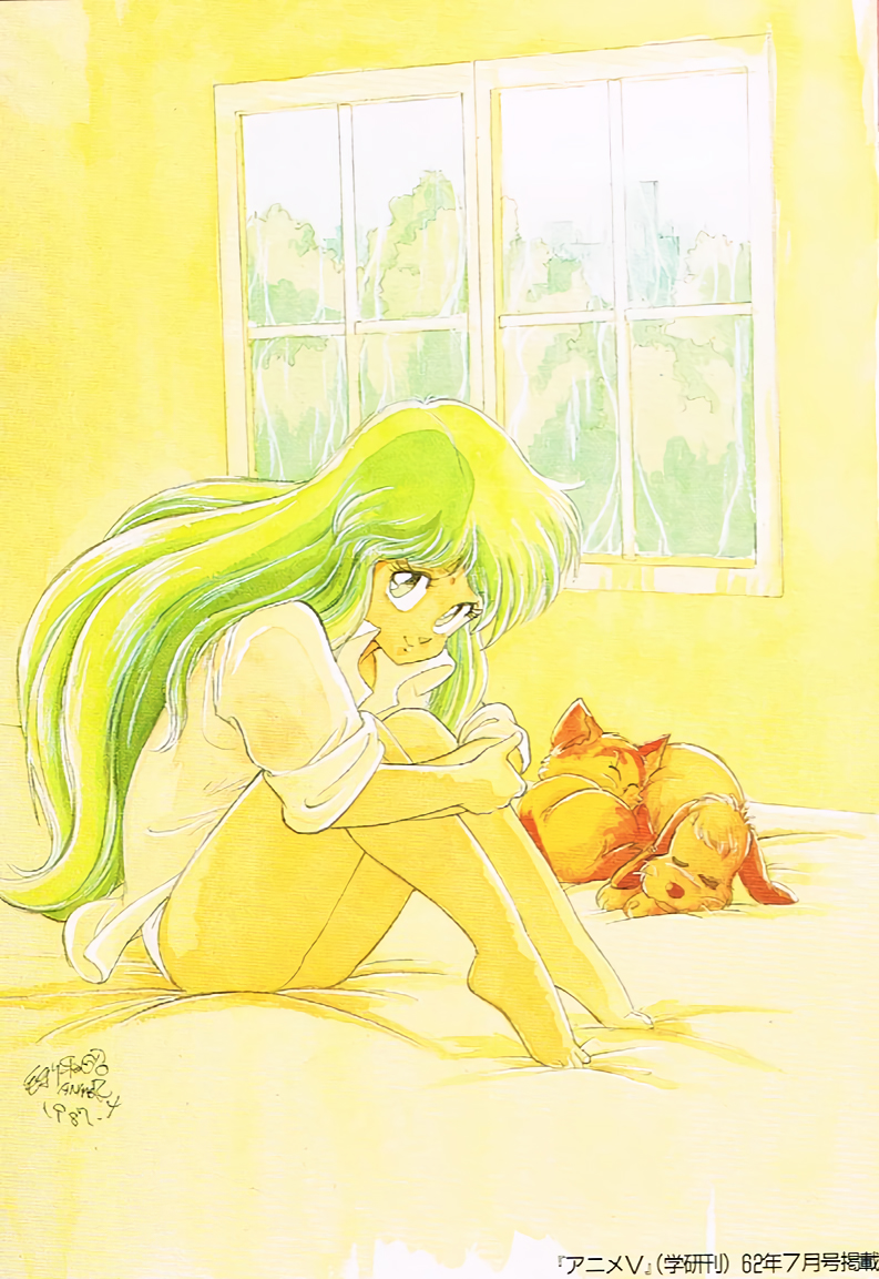 1987 1girl 80s alpha_(dream_hunter_rem) ayanokouji_rem beta_(dream_hunter_rem) cat dated dog dream_hunter_rem green_hair indoors long_hair looking_at_viewer mouri_kazuaki no_panties oldschool on_bed sitting smile traditional_media watercolor_(medium) window