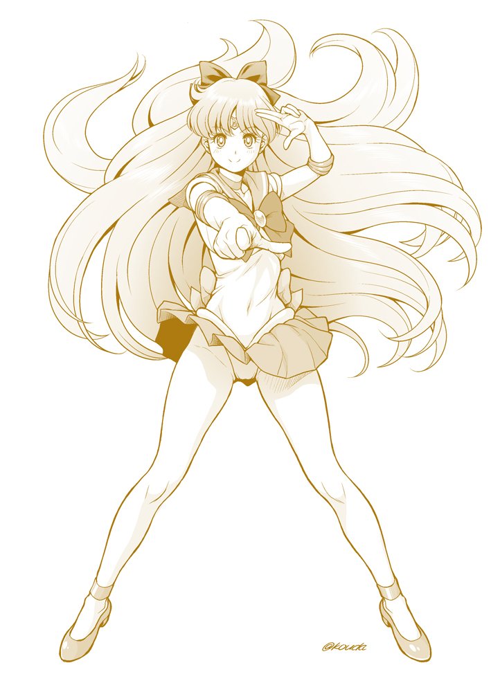 1girl aino_minako back_bow bishoujo_senshi_sailor_moon bow choker commentary_request covered_navel elbow_gloves full_body gloves hair_bow kouda_tomohiro leotard long_hair looking_at_viewer monochrome pleated_skirt pointing pose sailor_collar sailor_venus sepia signature simple_background skirt smile solo standing strappy_heels