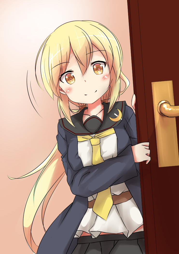 1girl black_sailor_collar black_skirt blonde_hair collarbone commentary_request crescent crescent_moon_pin door hair_between_eyes kantai_collection long_hair low_twintails motion_lines neckerchief pleated_skirt remodel_(kantai_collection) sailor_collar satsuki_(kantai_collection) skirt smile solo twintails yellow_eyes yellow_neckwear yuu_(alsiel)