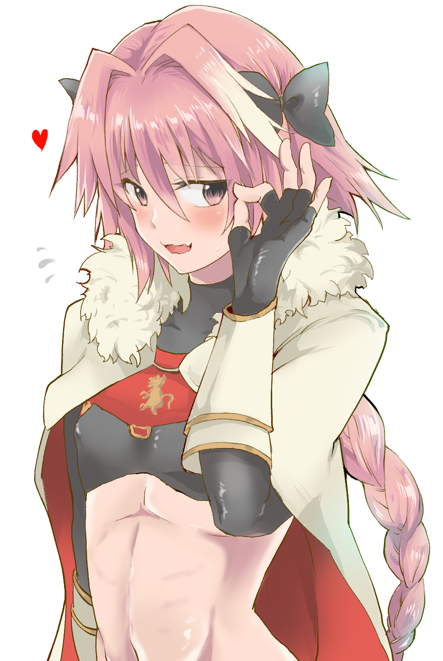 1boy astolfo_(fate) black_gloves blush bow braid cape commentary_request fate/grand_order fate_(series) fur_collar fur_trim gloves hair_bow hair_intakes heart highres long_hair male_focus moekichi navel open_mouth pink_hair red_heart ribs simple_background single_braid skin_fang solo trap upper_body white_background