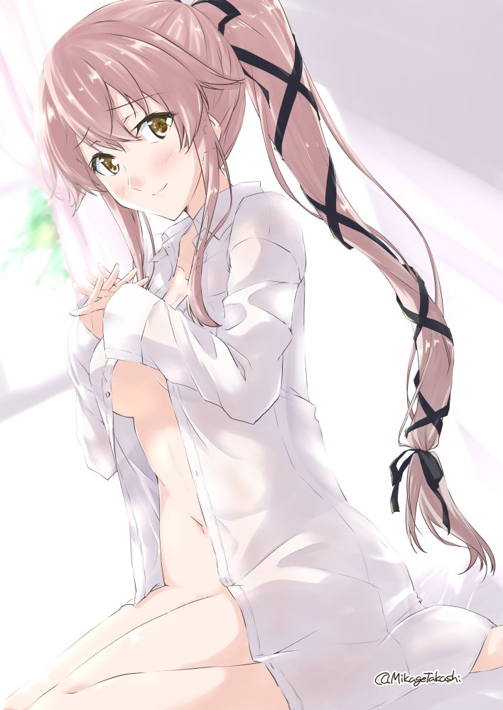 1girl blush breasts dress_shirt hair_ribbon hands_clasped kantai_collection long_hair looking_at_viewer medium_breasts mikage_takashi naked_shirt navel open_clothes open_shirt own_hands_together pink_hair ponytail ribbon shirt sidelocks smile solo window yellow_eyes yura_(kantai_collection)