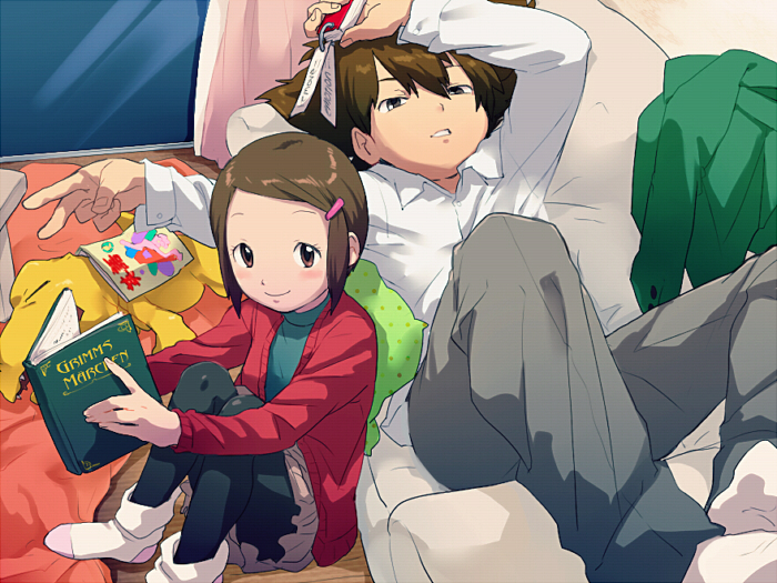 1boy 1girl blush brother_and_sister brown_eyes brown_hair closed_mouth commentary_request digimon digimon_adventure hair_ornament hairclip looking_at_viewer pantyhose short_hair siblings skirt smile socks t_k_g yagami_hikari yagami_taichi