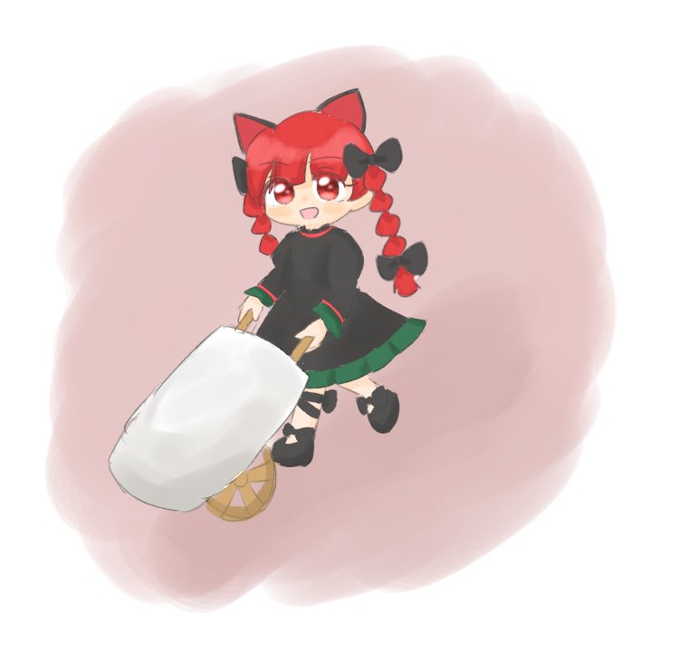 1girl :d animal_ears bangs blunt_bangs bow braid cat_ears cat_tail chibi dress eyebrows_visible_through_hair full_body hair_bow kaenbyou_rin kigoto5 looking_at_viewer minigirl open_mouth red_eyes redhead simple_background smile solo tail touhou twin_braids twintails wheelbarrow