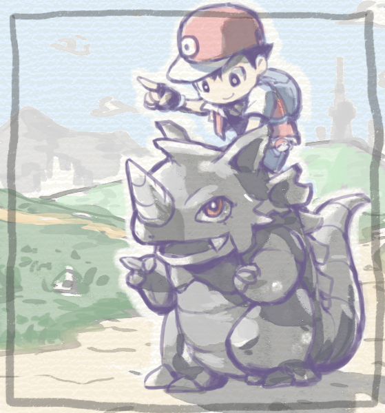 backpack bag creatures_(company) dirt_road fingerless_gloves game_freak gen_1_pokemon gloves grass hill mountain murasaki_no_ryuuki nintendo pointing poke_ball pokemon red_(pokemon) red_eyes red_headwear rhydon riding