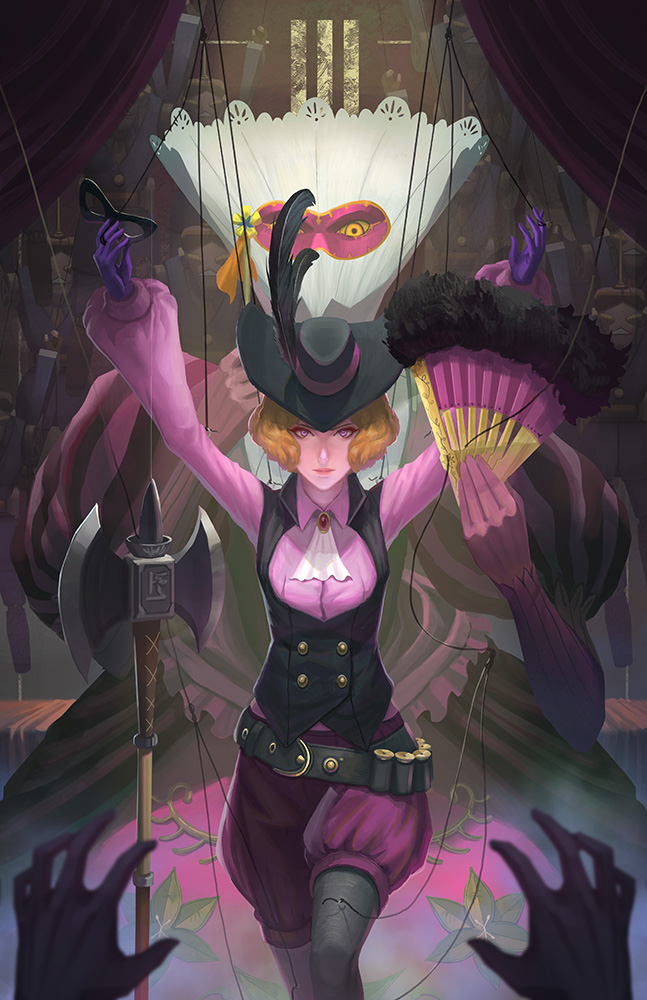 1girl ammunition_belt arms_up axe belt brooch brown_hair cravat curtains domino_mask dress fan gloves hat hat_feather jewelry long_sleeves looking_at_viewer marionette mask masquerade_mask milady_(persona) okumura_haru pantyhose persona persona_5 puffy_long_sleeves puffy_sleeves puppet puppet_strings purple_gloves short_hair waistcoat yagaminoue yellow_eyes