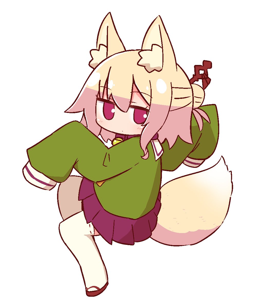 1girl animal_ear_fluff animal_ears bangs bell bell_collar blonde_hair blush brown_collar brown_footwear closed_mouth collar commentary_request eyebrows_visible_through_hair fox_ears fox_girl fox_tail full_body green_shirt hair_between_eyes hair_bun hair_ornament highres jingle_bell kemomimi-chan_(naga_u) long_hair long_sleeves looking_at_viewer looking_to_the_side naga_u original pleated_skirt purple_skirt red_eyes ribbon-trimmed_legwear ribbon_trim sailor_collar shirt sidelocks simple_background skirt sleeves_past_fingers sleeves_past_wrists solo tail thigh-highs white_background white_legwear white_sailor_collar