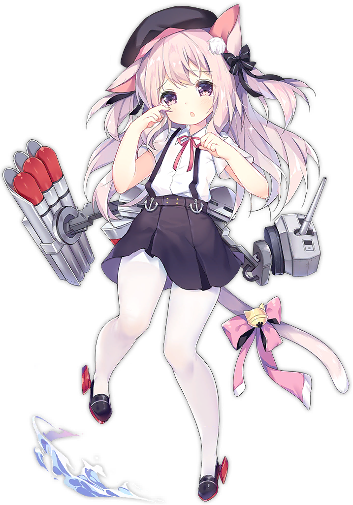 1girl :d animal_ear_fluff animal_ears azur_lane bangs bell beret black_bow black_footwear black_headwear black_skirt blush bow cannon cat_ears cat_girl cat_tail chestnut_mouth collared_shirt eyebrows_visible_through_hair hair_between_eyes hair_bow hands_up hat jingle_bell kisaragi_(azur_lane) long_hair machinery official_art open_mouth pantyhose parted_lips pink_bow pink_hair remodel_(azur_lane) rudder_footwear school_uniform shaded_face shirt shoes short_sleeves skirt smile suspender_skirt suspenders tail tail_bell tail_bow tears torpedo transparent_background tsukimi_(xiaohuasan) turret two_side_up very_long_hair violet_eyes water white_legwear white_shirt