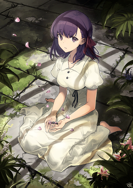 1girl bare_arms barefoot black_ribbon breasts buttons collared_dress commentary_request dress fate/stay_night fate_(series) full_body grass hair_ribbon heaven's_feel indoors long_hair looking_at_viewer matou_sakura medium_breasts nagu parted_lips plant puffy_short_sleeves puffy_sleeves purple_hair red_ribbon ribbon short_sleeves sitting solo violet_eyes wariza white_dress