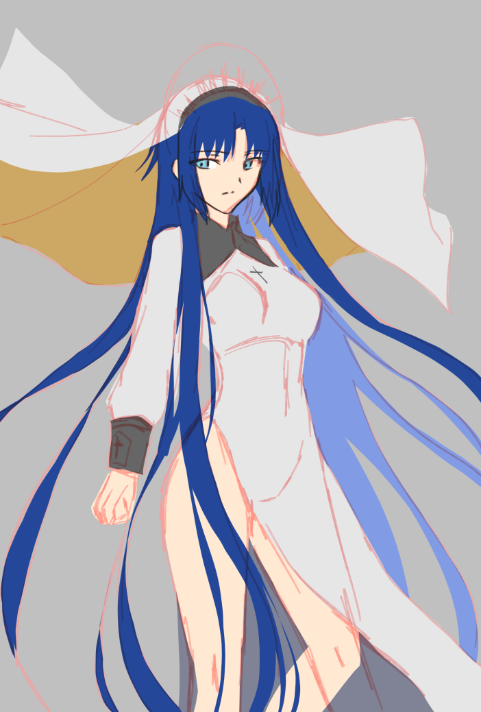 1girl axia-chan blue_eyes blue_hair ciel cross grey_background long_hair looking_to_the_side sketch solo thighs tsukihime veil very_long_hair