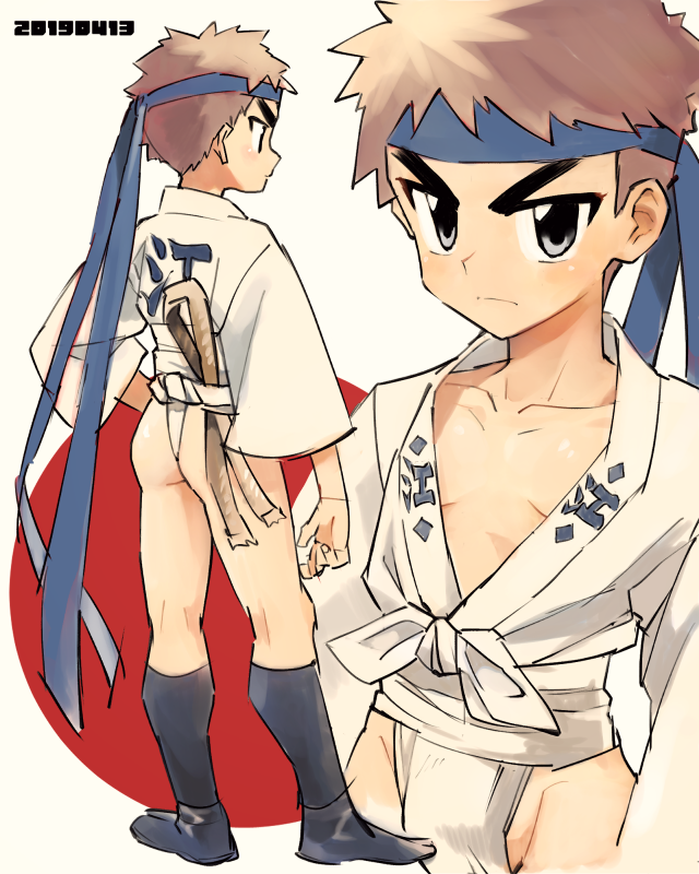 1boy black_legwear brown_hair closed_mouth dated enotou_(enotou_moi) front-tie_top fundoshi grey_eyes hachimaki hand_on_hip happi headband japanese_clothes looking_at_viewer male_focus original projected_inset rope serious tabi yamakasa