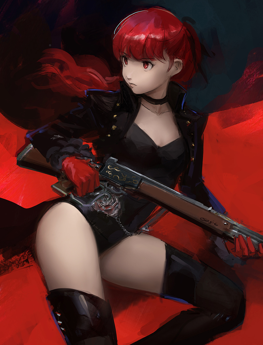 1girl black_coat black_footwear black_leotard boots choker gloves gun leotard long_sleeves looking_to_the_side open_clothes persona persona_5 persona_5_the_royal ponytail qosic red_eyes red_gloves redhead rifle solo thigh-highs thigh_boots weapon yoshizawa_kasumi