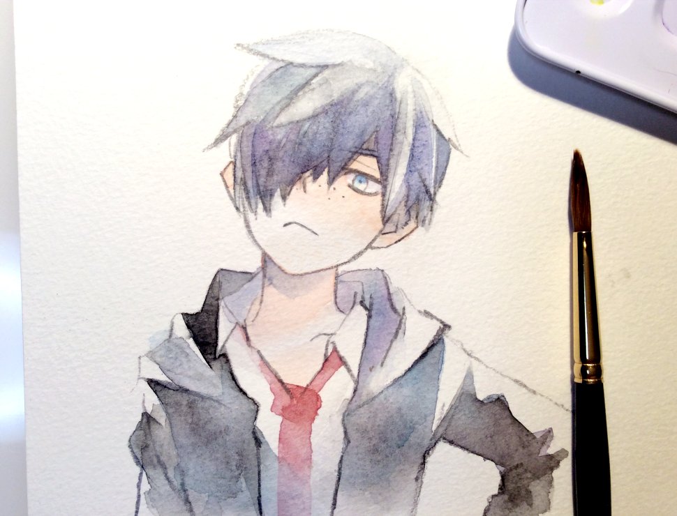 1boy :&lt; black_hoodie blue_eyes blue_hair closed_mouth collared_shirt commentary_request dress_shirt gradient_hair hood hood_down hoodie kuji_toi looking_down male_focus migii_(tenra_banshou) multicolored_hair necktie open_clothes open_hoodie paintbrush palette paper photo red_neckwear sarazanmai shirt simple_background solo traditional_media upper_body watercolor_(medium) white_shirt