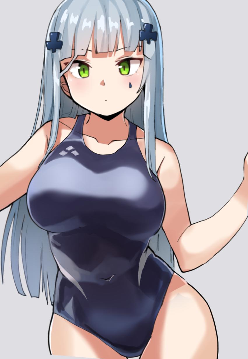 1girl bangs bare_shoulders blue_hair blue_swimsuit blunt_bangs breasts collarbone covered_navel cowboy_shot girls_frontline green_eyes grey_background hair_ornament highres hk416_(girls_frontline) justeeeeth korean_commentary large_breasts long_hair looking_at_viewer one-piece_swimsuit sidelocks simple_background solo swimsuit tattoo