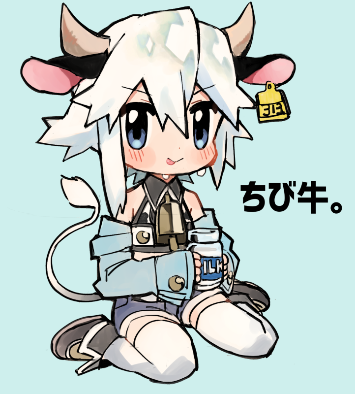 1boy animal_ears animal_print blue_background blue_eyes bottle brown_footwear chibi cow_boy cow_ears cow_horns cow_print cow_tail crop_top ear_tag enotou_(enotou_moi) horns licking_lips male_focus milk_bottle original shorts sidelocks simple_background sitting smile solo tag tail thigh-highs tongue tongue_out ushi-kun_(enotou_(enotou_moi)) wariza white_hair white_legwear