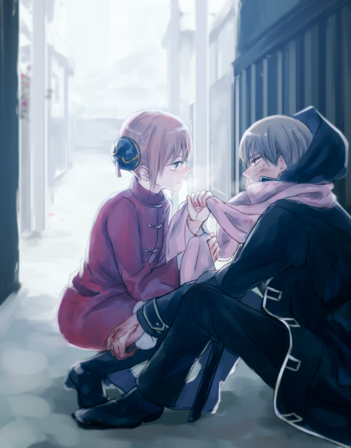 1boy 1girl black_jacket black_pants blue_eyes boots brown_hair bruise_on_face day dress eye_contact gintama hood hooded_jacket jacket kagura_(gintama) knee_boots long_sleeves looking_at_another looking_at_viewer okita_sougo open_clothes open_jacket outdoors pants pink_scarf red_dress red_eyes road scarf short_dress short_hair sitting squatting street szzz_k