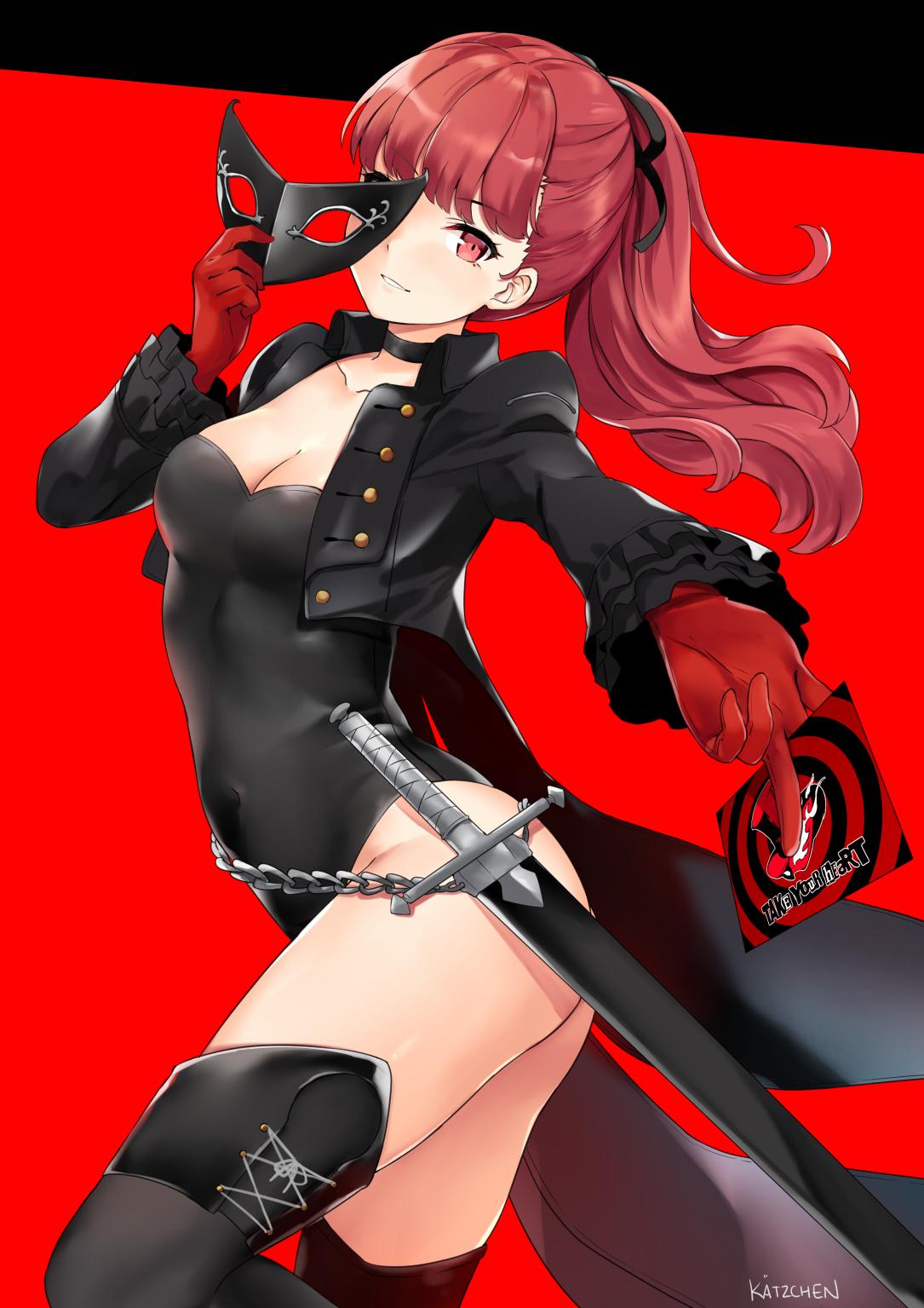 1girl black_border black_choker black_flower black_legwear black_leotard black_rose border breasts buttons chains choker coattails commentary cropped_jacket english_commentary flower frilled_sleeves frills gloves hair_ribbon highres holding juliet_sleeves kaetzchen leotard long_hair long_sleeves mask medium_breasts persona persona_5 persona_5_the_royal puffy_sleeves red_background red_eyes red_gloves redhead ribbon rose scabbard shadow sheath shrug smile solo sword thigh-highs two-tone_background weapon yoshizawa_kasumi