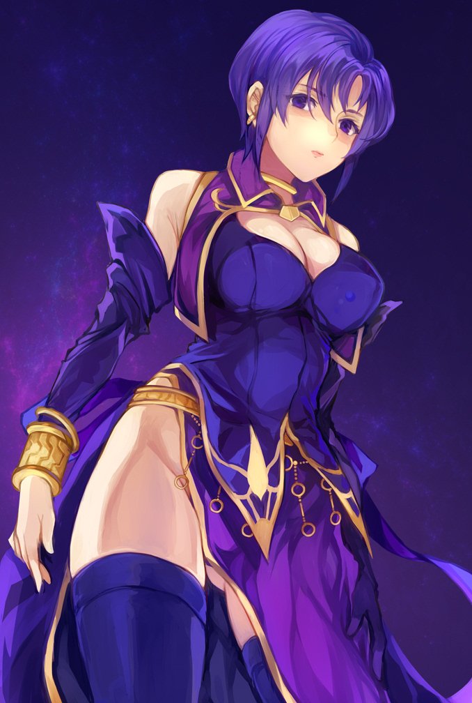 1girl bangle bangs bare_shoulders bracelet breasts cleavage closed_mouth commentary_request dress earrings elbow_gloves fire_emblem fire_emblem:_rekka_no_ken fire_emblem_heroes from_below gloves jewelry jurge large_breasts nintendo purple_background purple_hair short_hair side_slit solo thigh-highs thighs ursula_(fire_emblem) violet_eyes