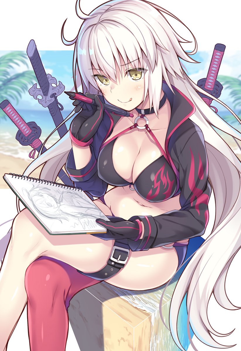1girl ahoge bangs beach bikini black_bikini black_gloves black_jacket blurry blurry_background blush breasts choker cleavage day eyebrows_visible_through_hair fate/grand_order fate_(series) gloves hair_between_eyes highres holding holding_notepad holding_pen jacket jeanne_d'arc_(alter_swimsuit_berserker) jeanne_d'arc_(fate)_(all) katana large_breasts legs_crossed long_hair looking_at_viewer multiple_swords nozomi_tsubame o-ring o-ring_bikini outdoors pen red_legwear shrug_(clothing) silver_hair single_thighhigh sitting solo swimsuit sword thigh-highs very_long_hair weapon yellow_eyes