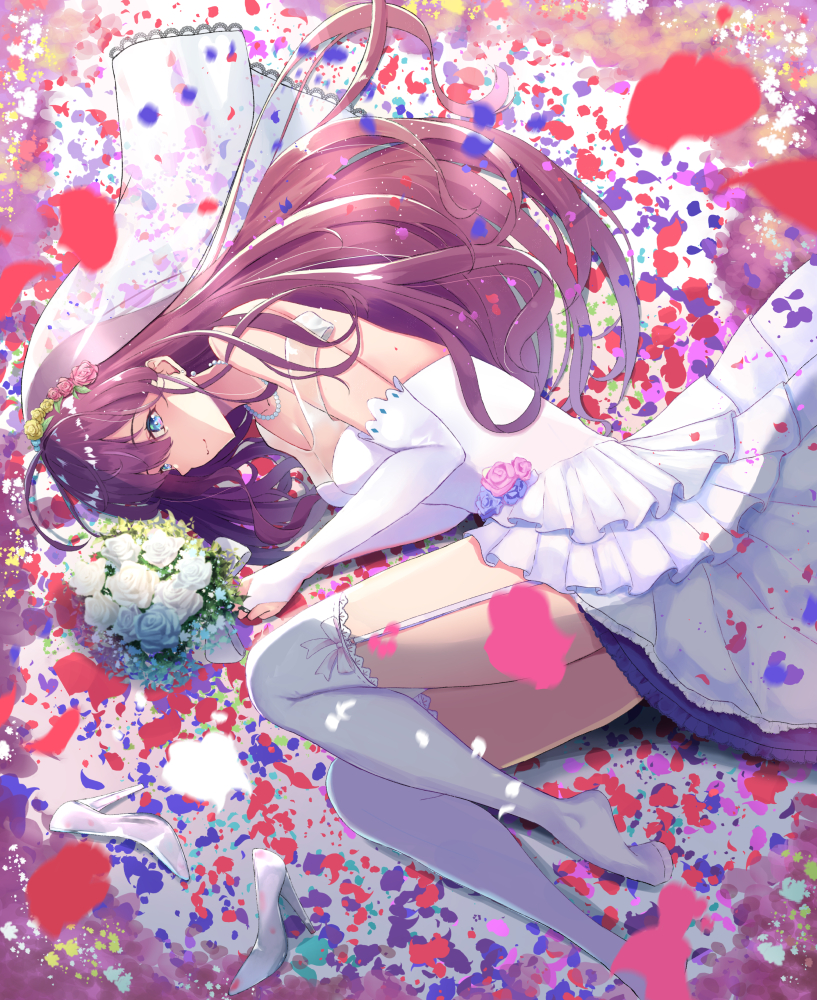1girl ahoge bangs blue_eyes blush bouquet breasts bridal_gauntlets bridal_veil cleavage dress earrings eyebrows_visible_through_hair flower garter_straps gloves high_heels holding holding_bouquet ichinose_shiki idolmaster idolmaster_cinderella_girls irohakaede jewelry long_hair looking_at_viewer lying medium_breasts necklace off-shoulder_shirt off_shoulder on_side pearl_necklace rose shirt shoes_removed smile solo thigh-highs veil wavy_hair wedding_dress white_dress white_flower white_footwear white_gloves white_legwear white_rose