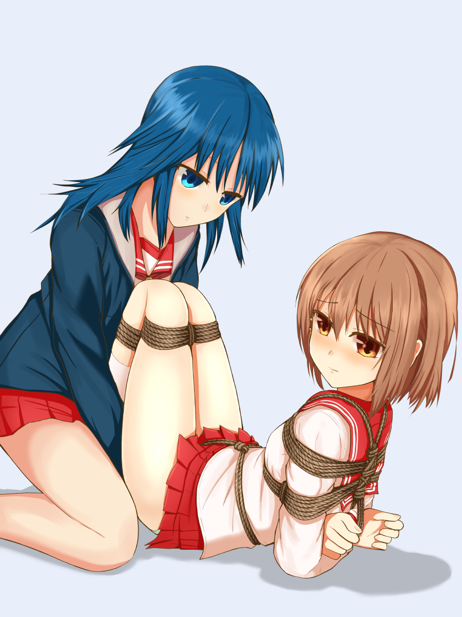 2girls arms_behind_back bdsm blue_hair bondage bound bound_arms bound_wrists brown_hair character_request femuto highres hino-san_no_baka multiple_girls restrained rope school_uniform serafuku shibari shibari_over_clothes simple_background tied_up