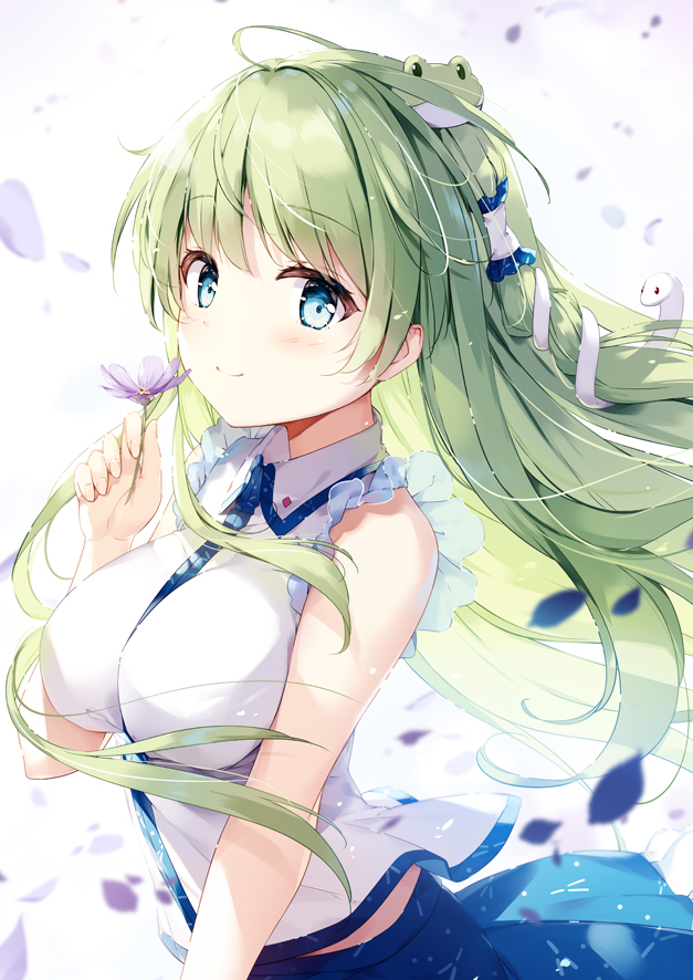 1girl bangs bare_shoulders blue_eyes blue_skirt blush breasts closed_mouth collared_shirt commentary_request eyebrows_visible_through_hair flower frills frog_hair_ornament green_hair hair_ornament hair_tubes holding holding_flower kochiya_sanae large_breasts long_hair looking_at_viewer miyase_mahiro petals purple_flower shirt simple_background skirt sleeveless sleeveless_shirt smile snake_hair_ornament solo tareme touhou upper_body white_background white_shirt