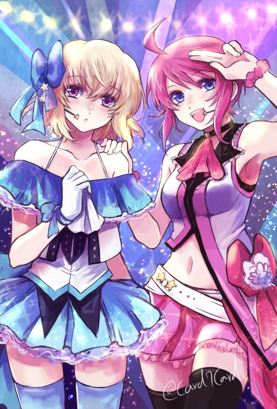 2girls :d ahoge arm_up black_legwear blonde_hair blue_bow blue_eyes blue_legwear blue_skirt bow cowboy_shot frilled_skirt frills gloves gundam gundam_seed gundam_seed_destiny hair_bow hair_ornament hand_on_another's_shoulder looking_at_viewer lunamaria_hawke microphone midriff miniskirt multiple_girls navel open_mouth parted_lips pink_hair pink_skirt pleated_skirt red_scrunchie scrunchie shiny shiny_hair skirt smile spotlight standing star star_hair_ornament stellar_loussier stomach thigh-highs violet_eyes white_gloves wrist_scrunchie yuuka_seisen zettai_ryouiki