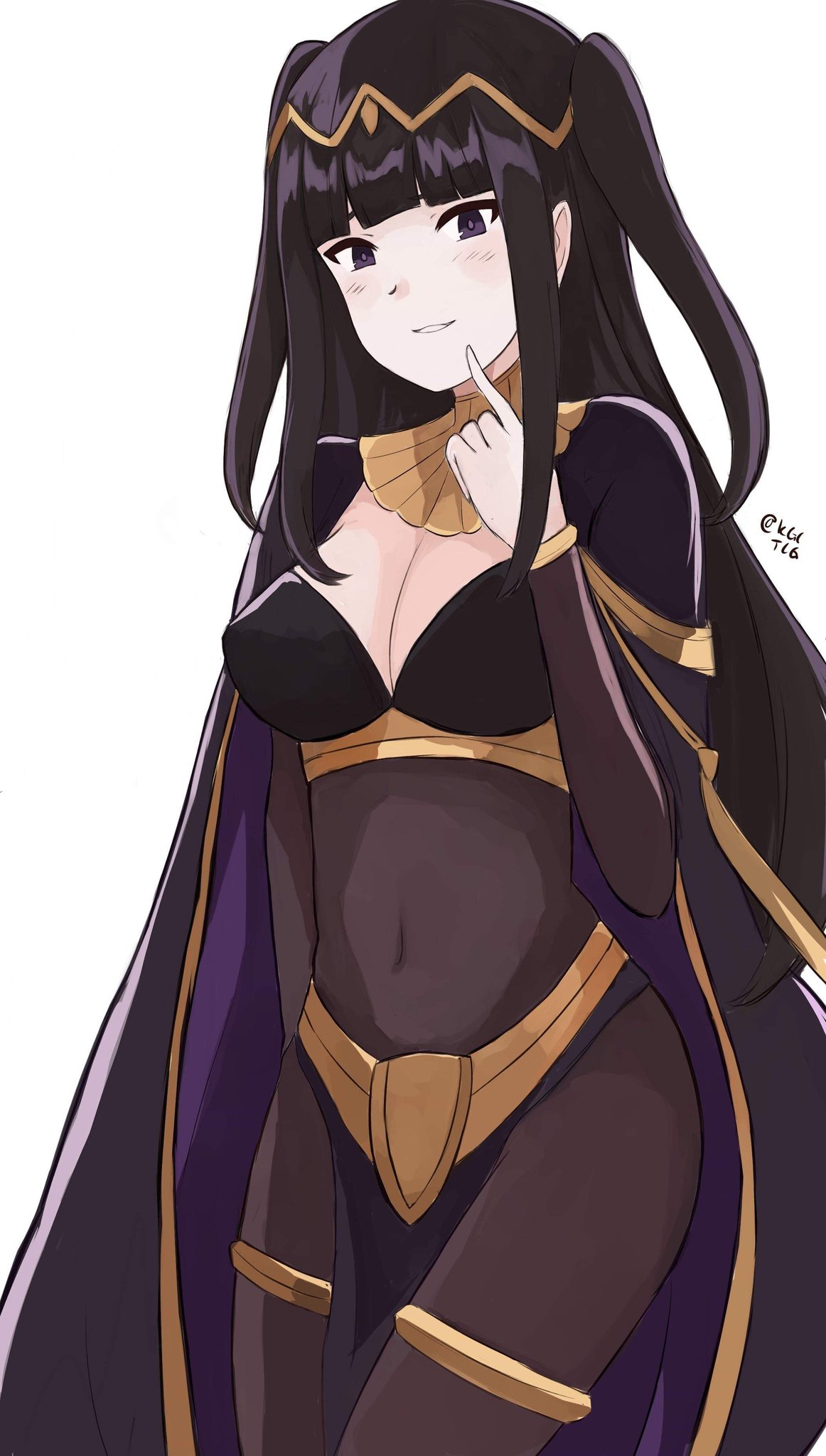 1girl bangle bangs black_hair blunt_bangs blush bodystocking bodysuit bracelet breasts bridal_gauntlets cape circlet cleavage covered_navel cowboy_shot finger_to_face fire_emblem fire_emblem:_kakusei fire_emblem_heroes hair_ornament highres index_finger_raised jewelry kgctcg light_smile long_hair looking_at_viewer nintendo simple_background skin_tight smile solo standing tharja tiara two_side_up white_background