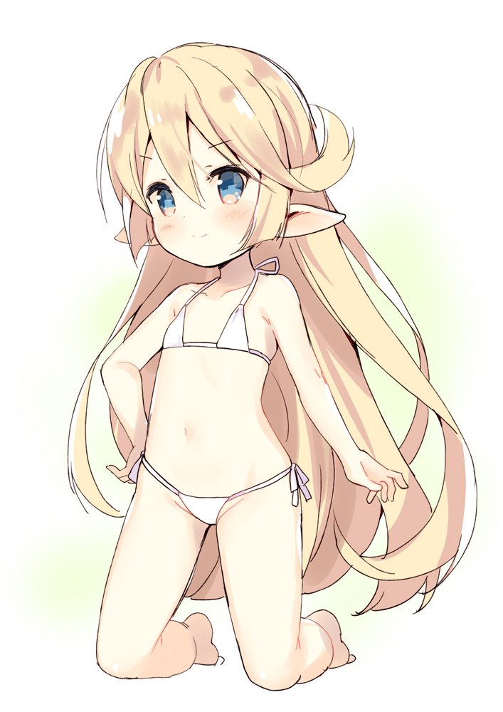 &gt;:) 1girl bangs bare_arms bare_legs bare_shoulders barefoot bikini blonde_hair blue_eyes blush charlotta_fenia closed_mouth collarbone commentary_request eyebrows_visible_through_hair full_body granblue_fantasy groin hair_between_eyes harvin kneeling long_hair looking_away meito_(maze) navel side-tie_bikini smile solo swimsuit v-shaped_eyebrows very_long_hair white_bikini