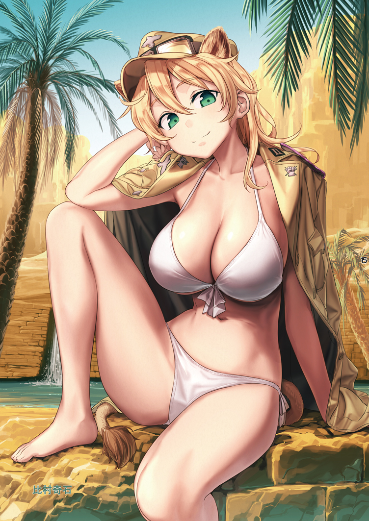 1girl animal_ears april bare_legs barefoot bikini blonde_hair breasts cleavage closed_mouth day eyebrows_visible_through_hair front-tie_bikini front-tie_top green_eyes hair_between_eyes hannelore_kummel hat himura_kiseki jacket_on_shoulders large_breasts leg_up lion_ears lion_tail looking_at_viewer medium_hair military_hat navel outdoors palm_tree side-tie_bikini sitting smile solo strike_witches_(lionheart_witch) swimsuit tail tree white_bikini world_witches_series