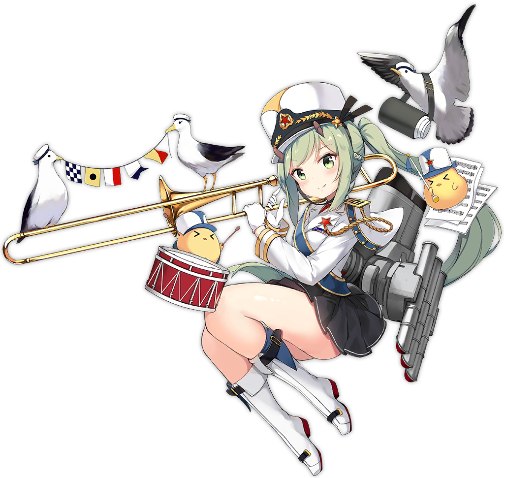 1girl anshan_(azur_lane) azur_lane bird black_skirt blush boots chick closed_mouth drum drumsticks eyebrows_visible_through_hair full_body gloves green_eyes green_hair high_heel_boots high_heels holding holding_instrument instrument jiang-ge knee_boots long_hair long_sleeves looking_at_viewer necktie red_neckwear seagull sheet_music side_ponytail skirt smile solo transparent_background trombone very_long_hair white_footwear white_gloves
