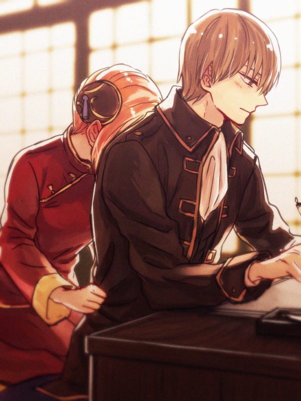 1boy 1girl backlighting black_jacket brown_hair couple gintama indoors jacket kagura_(gintama) long_sleeves okita_sougo open_clothes open_jacket pants red_eyes red_pants red_shirt shinsengumi_(gintama) shiny shiny_hair shirt short_hair szzz_k white_neckwear writing