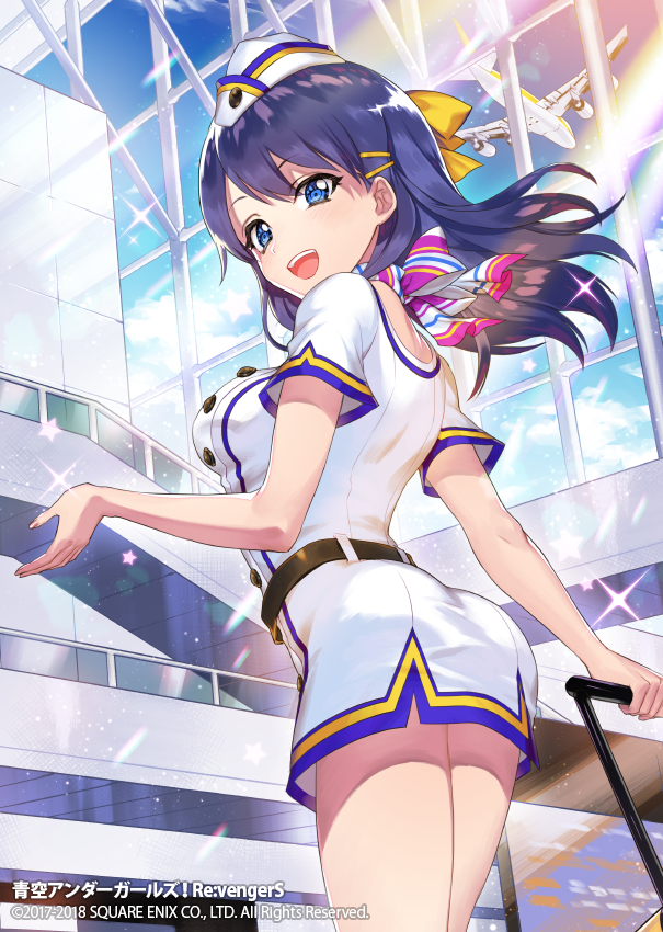 1girl aircraft airplane bad_anatomy black_hair blue_eyes blue_sky bow clouds copyright_name dated hair_bow hair_ornament hairclip indoors long_hair looking_at_viewer luggage official_art re:vengers rolling_suitcase sasahara_ami sky smile solo standing stewardess watermark yellow_bow