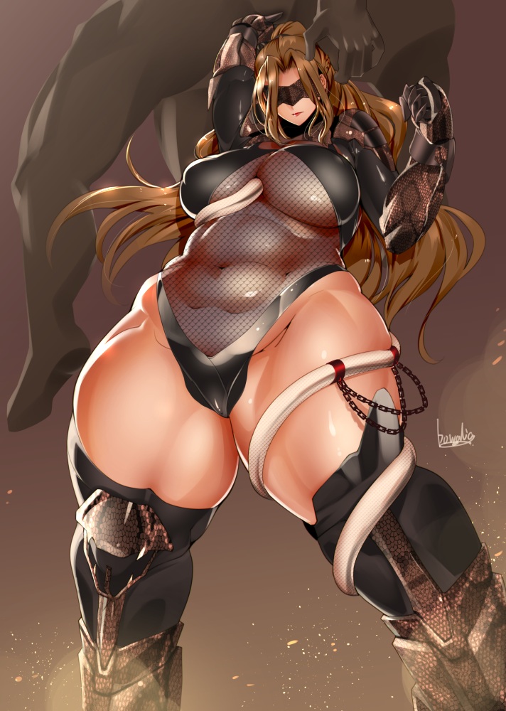 1girl abs arms_behind_head arms_up artist_name blindfold blonde_hair bodysuit bowalia breasts covered_navel fishnet_bodysuit fishnets large_breasts muscle muscular_female ninja original snake solo