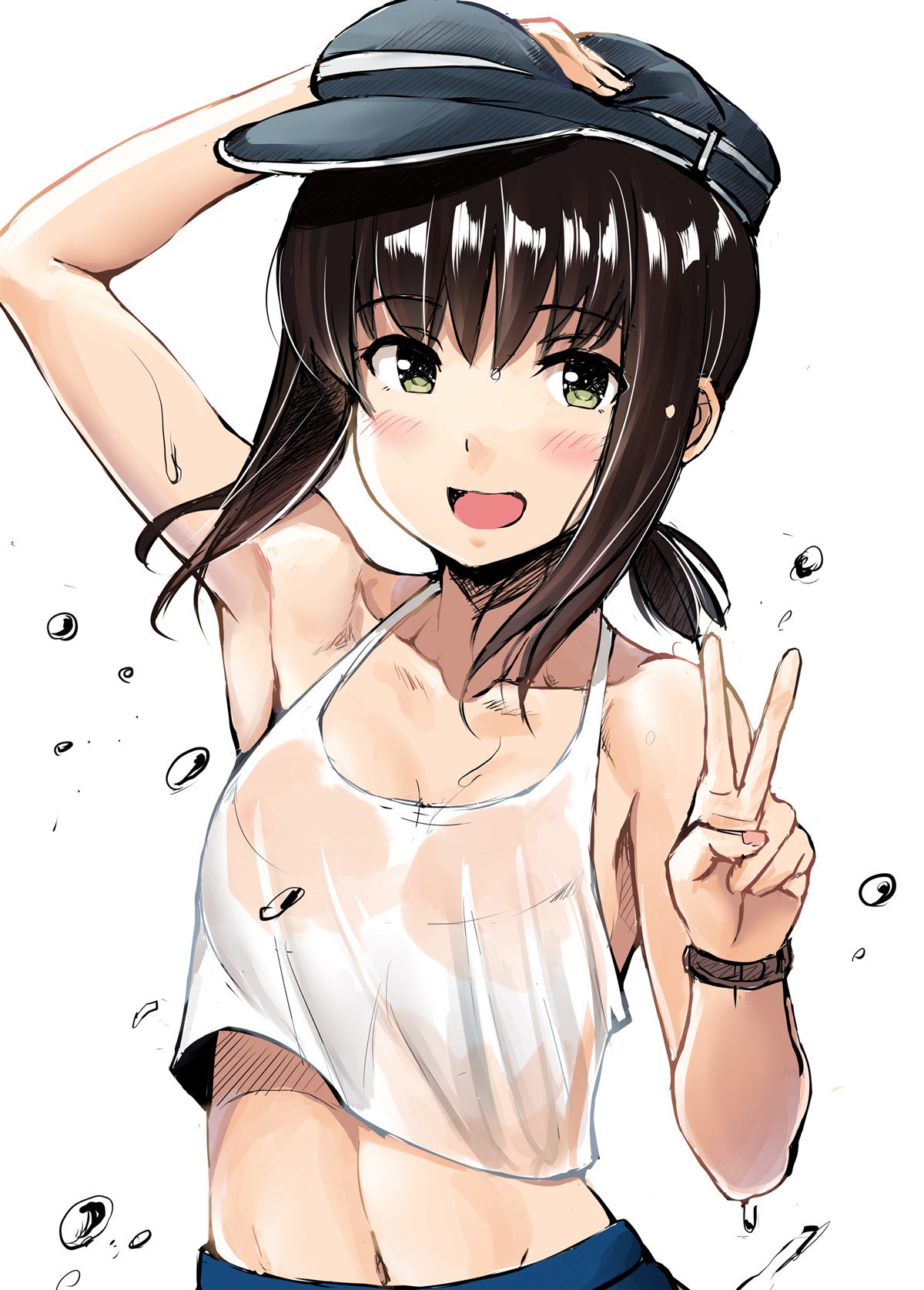 1girl :d armpits bangs black_hair blue_skirt blush breasts collarbone crop_top flat_cap fubuki_(kantai_collection) green_eyes hand_on_headwear hat highres ichikawa_feesu kantai_collection long_hair looking_at_viewer low_ponytail midriff navel open_mouth ponytail short_ponytail sidelocks skirt sleeveless smile solo v watch wet white_crop_top