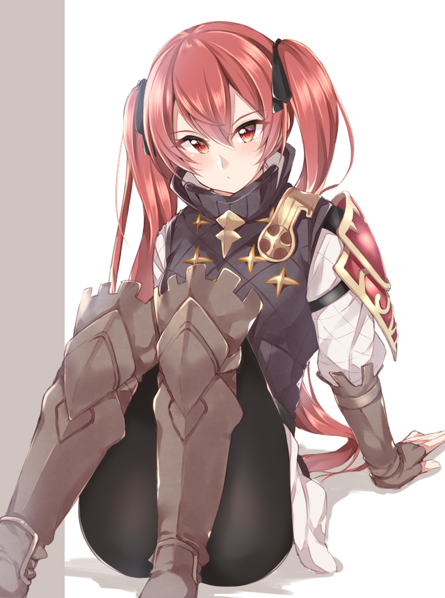 1girl armored_boots black_legwear blush boots brown_footwear brown_gloves fingerless_gloves fire_emblem fire_emblem_if gloves grey_background hair_between_eyes hair_ribbon jiino knees_together_feet_apart long_sleeves looking_at_viewer luna_(fire_emblem_if) nintendo pants red_eyes redhead ribbon shirt short_hair_with_long_locks shoulder_armor sitting solo turtleneck twintails two-tone_background vest white_background