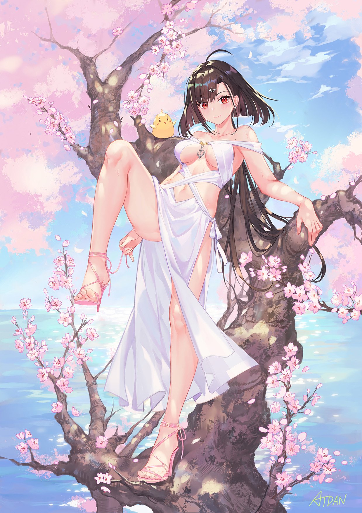 1girl ahoge anchor_hair_ornament animal artist_name ass atdan azur_lane bare_arms bare_legs bare_shoulders bird blue_sky breasts brown_hair cherry_blossoms chick closed_mouth clouds collarbone commentary day dress earrings feet flower hair_ornament hairclip high_heels highres horizon independence_(azur_lane) jewelry leg_up long_hair looking_at_viewer low_ponytail medium_breasts mole mole_on_thigh outdoors pelvic_curtain petals pink_flower pink_footwear red_eyes revision sidelocks sky smile solo standing standing_on_one_leg thighs toes tree very_long_hair water white_dress