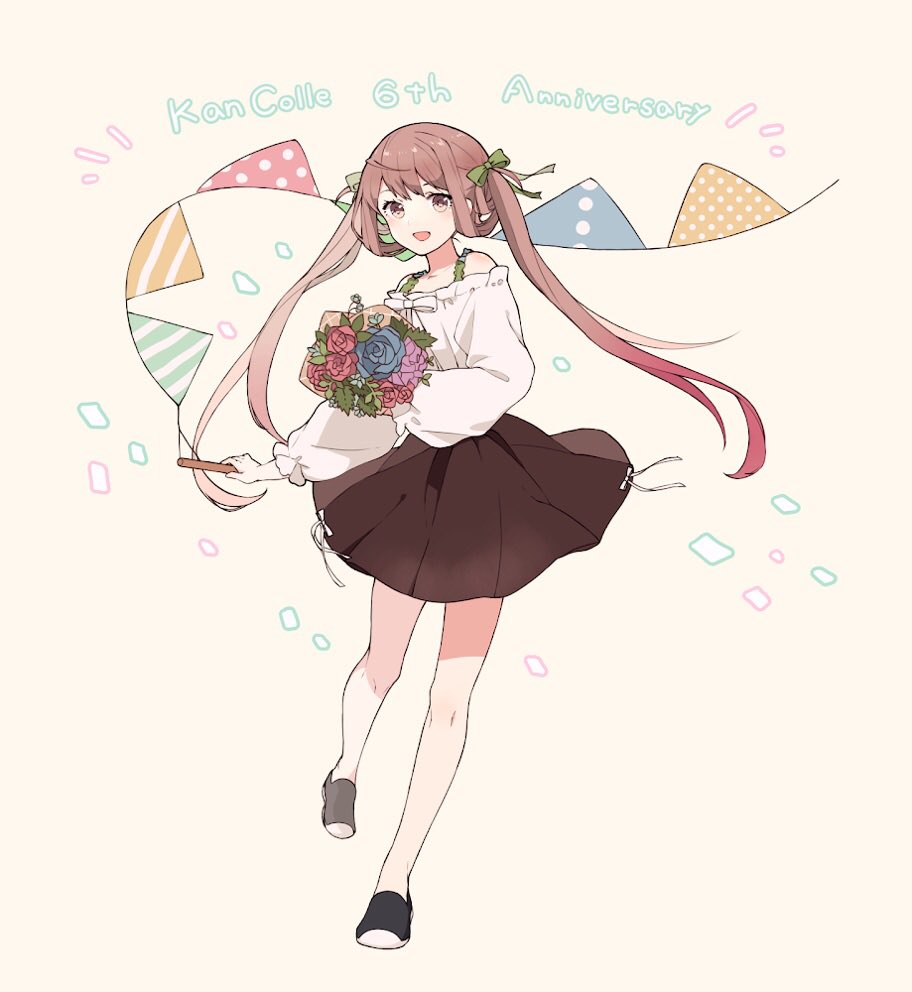 1girl :d alternate_costume anniversary asagumo_(kantai_collection) bare_shoulders black_footwear bouquet brown_eyes brown_hair brown_skirt flower full_body green_ribbon hair_ribbon holding holding_bouquet kantai_collection long_hair looking_at_viewer off-shoulder_shirt off_shoulder open_mouth ribbon shakemi_(sake_mgmgmg) shirt simple_background skirt smile solo twintails white_background
