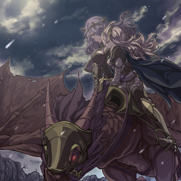 2girls armor between_breasts black_armor black_hairband blue_cape breasts camilla_(fire_emblem_if) cape clouds dragon female_my_unit_(fire_emblem_if) fire_emblem fire_emblem_if hair_over_one_eye hairband high_heels long_hair mooncanopy multiple_girls my_unit_(fire_emblem_if) night night_sky nintendo parted_lips purple_hair riding sky star_(sky) white_hair wyvern