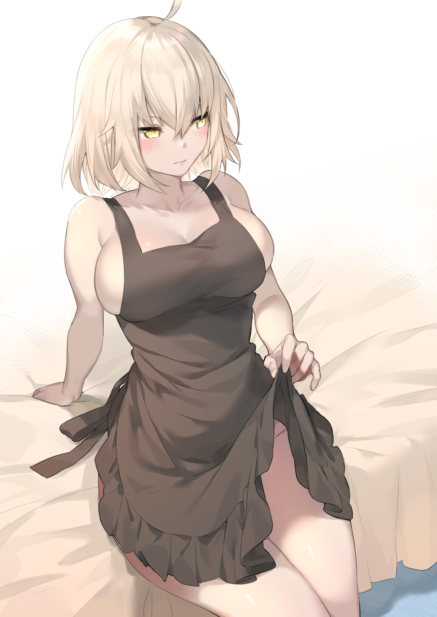 1girl ahoge alternate_costume apron apron_lift arm_support bangs black_apron blush breasts collarbone fate/grand_order fate_(series) highres itohana jeanne_d'arc_(alter)_(fate) jeanne_d'arc_(fate)_(all) large_breasts naked_apron no_bra no_panties short_hair silver_eyebrows silver_hair sitting solo thighs thighs_together yellow_eyes