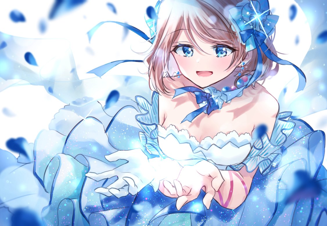 1girl blue_eyes blue_flower blue_neckwear blue_ribbon blue_skirt commentary_request detached_sleeves earrings flower gloves grey_hair hair_flower hair_ornament hair_ribbon jewelry looking_at_viewer love_live! love_live!_sunshine!! minori_748 neck_ribbon petals ribbon short_hair single_glove skirt solo sparkle strapless watanabe_you white_gloves wrist_ribbon