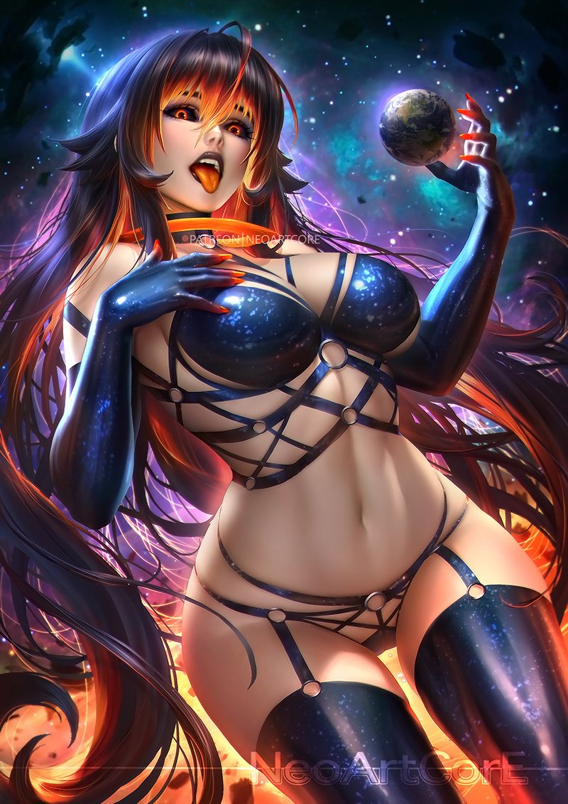 1girl bangs black_gloves black_hair black_legwear black_lips black_sclera blackhole-chan breasts commentary earth elbow_gloves english_commentary garter_straps gloves gradient_hair hair_between_eyes large_breasts long_hair looking_at_viewer m87_black_hole multicolored_hair navel nudtawut_thongmai open_mouth orange_eyes orange_hair original personification solo space thigh-highs thigh_gap tongue tongue_out