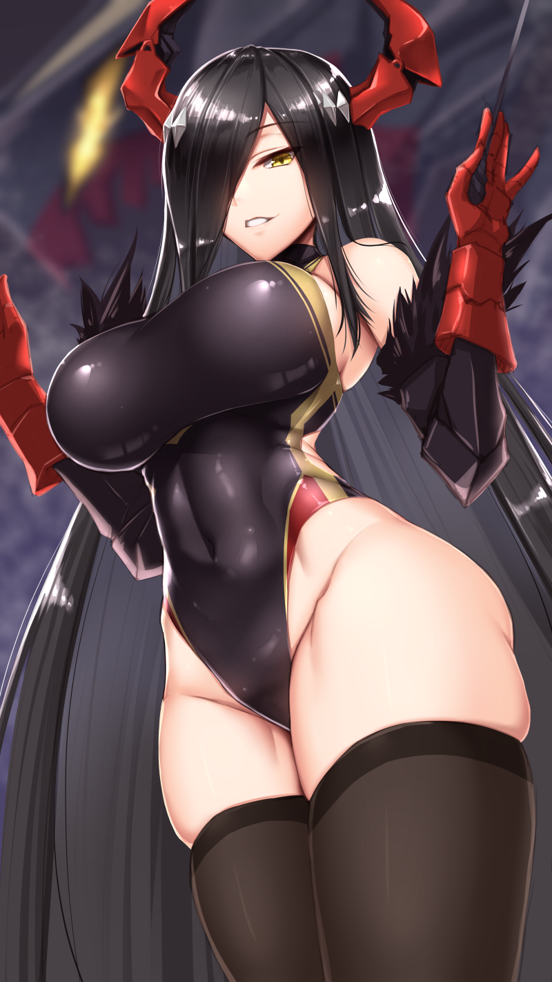 1girl azur_lane bangs bare_shoulders baton_(instrument) black_hair black_legwear black_swimsuit breasts cannon commentary_request competition_swimsuit cowboy_shot friedrich_der_grosse_(azur_lane) fur-trimmed_gloves fur_trim gloves groin hair_over_one_eye highres holding horns impossible_clothes large_breasts long_hair looking_at_viewer one-piece_swimsuit parted_lips red_gloves red_horns rigging shuugetsu_karasu skindentation smile solo swimsuit thigh-highs very_long_hair world_of_warships yellow_eyes