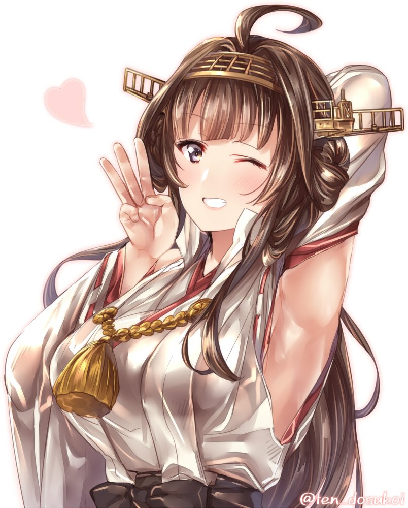 1girl ;) ahoge arm_behind_head armpits breasts brown_hair double_bun eyebrows_visible_through_hair juurouta kantai_collection kongou_(kantai_collection) large_breasts long_hair nontraditional_miko one_eye_closed remodel_(kantai_collection) simple_background smile solo twitter_username upper_body violet_eyes white_background