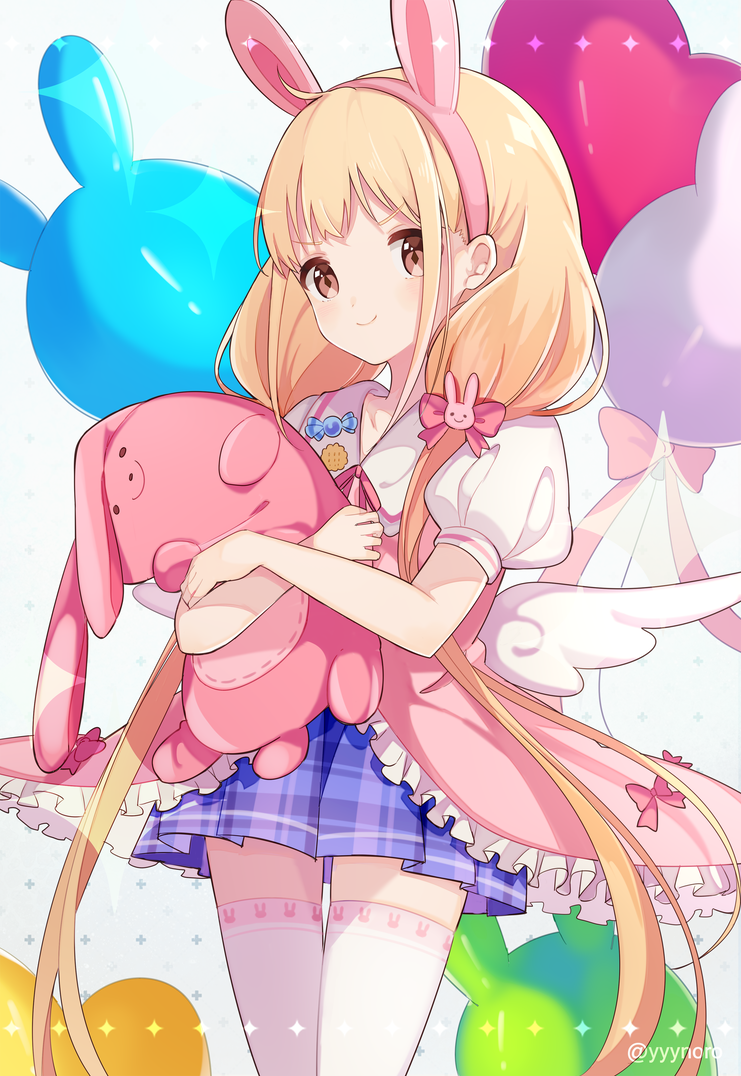 &gt;:) 1girl balloon bangs blonde_hair blue_skirt blush bow brown_eyes bunny_hair_ornament captain_yue closed_mouth commentary dress eyebrows_visible_through_hair frilled_dress frills futaba_anzu hair_bow hair_ornament idolmaster idolmaster_cinderella_girls long_hair low_twintails pink_dress plaid plaid_skirt pleated_skirt puffy_short_sleeves puffy_sleeves red_bow sailor_collar sailor_dress short_sleeves skirt smile solo stuffed_animal stuffed_bunny stuffed_toy symbol_commentary thigh-highs twintails twitter_username v-shaped_eyebrows very_long_hair white_legwear white_sailor_collar