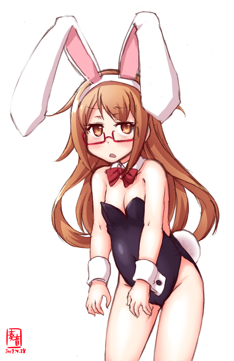 1girl alternate_costume animal_ears artist_logo black_leotard bow bowtie brown_eyes brown_hair bunny_tail bunnysuit commentary_request dated detached_collar eyebrows_visible_through_hair glasses highres kanon_(kurogane_knights) kantai_collection leaning_forward leotard long_hair looking_at_viewer mochizuki_(kantai_collection) rabbit_ears red-framed_eyewear red_neckwear simple_background solo strapless strapless_leotard tail white_background wrist_cuffs